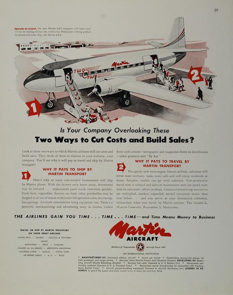 1947 Ad Martin 2-0-2 Two O Two Airplane Plane Airliner - ORIGINAL ADVE   Period Paper Historic Art LLC