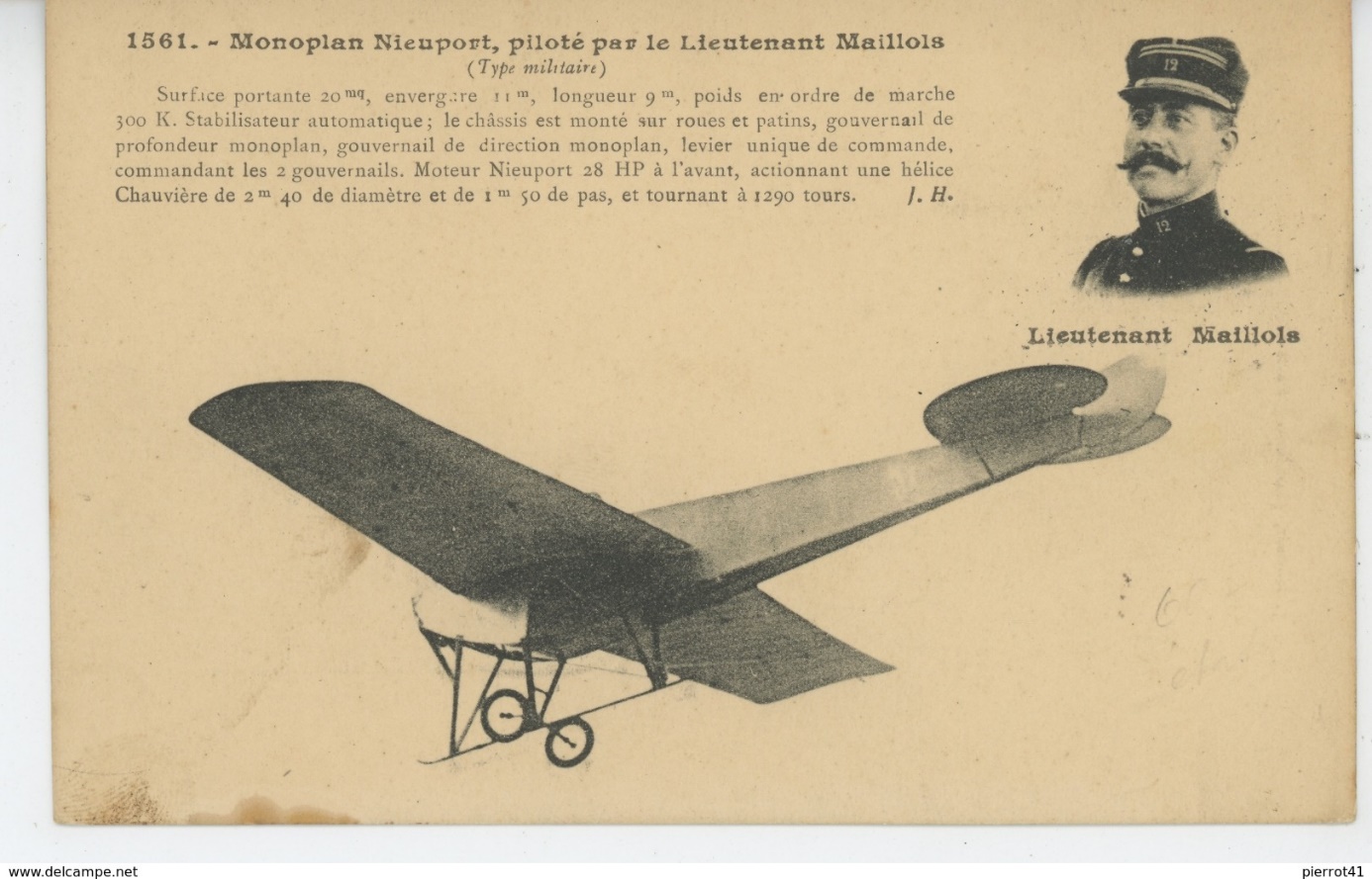 1914: Precursors - AVIATION - Monoplan NIEUPORT , pilot par le Lieutenant  MAILLOLS