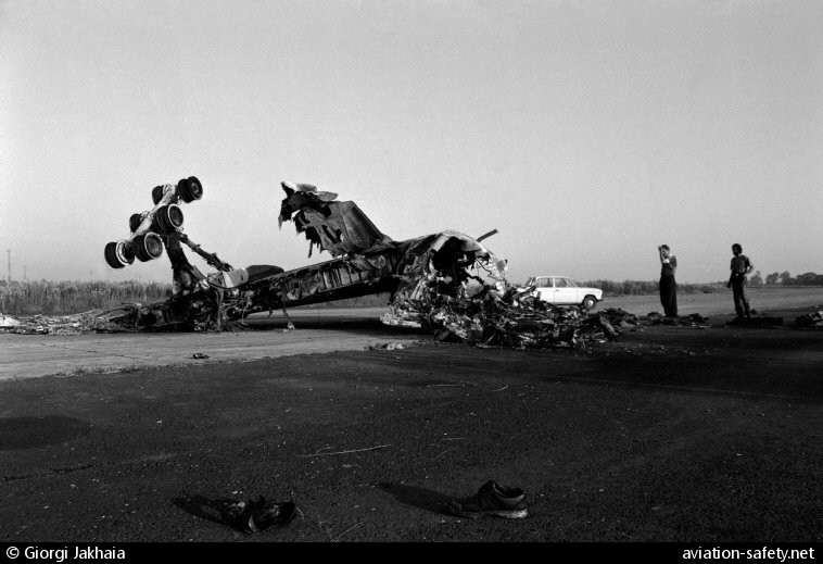 Tupolev Tu-154B | Orbi Georgian Airways | 4L-85163 | wreckage of shotdown Tu-154 jetliner at Sukhumi showing part of wing and landing gear