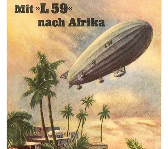 painting of Zeppelin LZ104 L59 flying over palm trees in Africa

