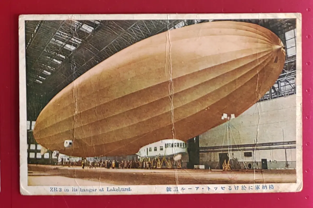 vintage color picture of Zeppelin LZ126 ZR-3 USS Los Angeles in its hangar at Lekehurst