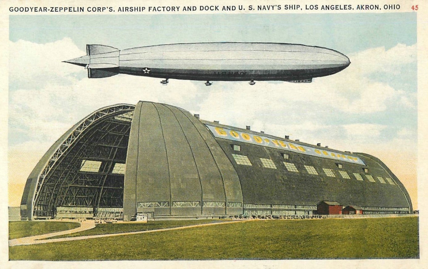 Zeppelin LZ126 ZR-3 USS Los Angeles depicted flying above a huge Goodyear hangar