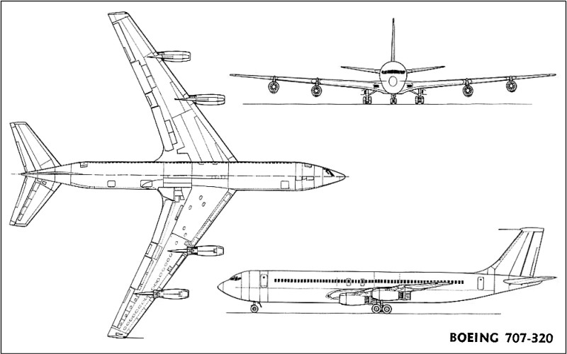 Boeing 707-320 3-side view drawing