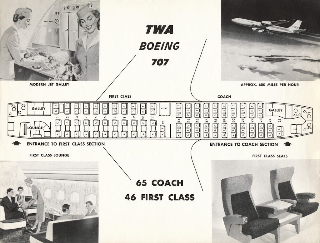 Boeing 707 TWA passenger seat layout with interior impressions