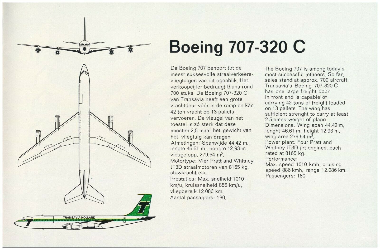 Transavia Holland Boeing 707-320C Leaflet with 3-side view drawing