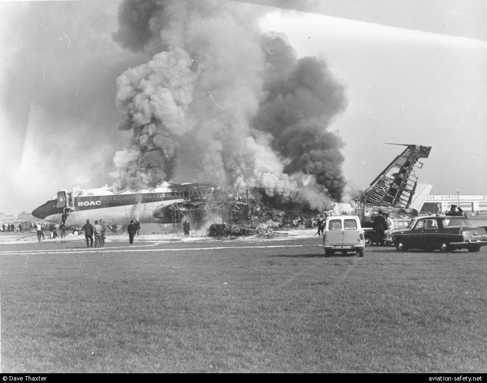 Boeing 707-465 | BOAC | G-ARWE | Boeing 707-420 burning on the runway at London-Heathrow, April 1968