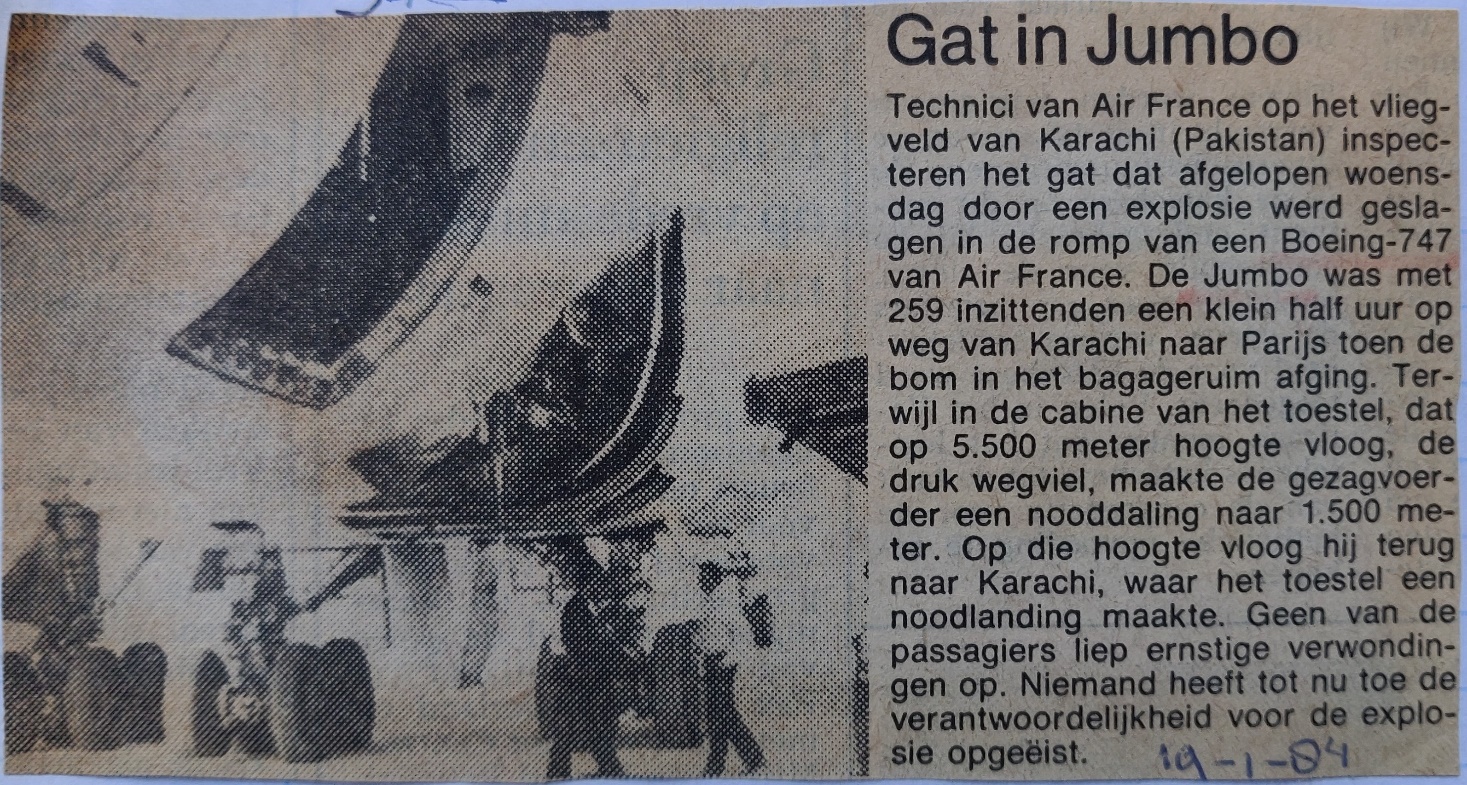 Boeing 747-100 | Air France | Newspaper article 19 January 1984 | explosion after take-off from Karachi, emergency landing