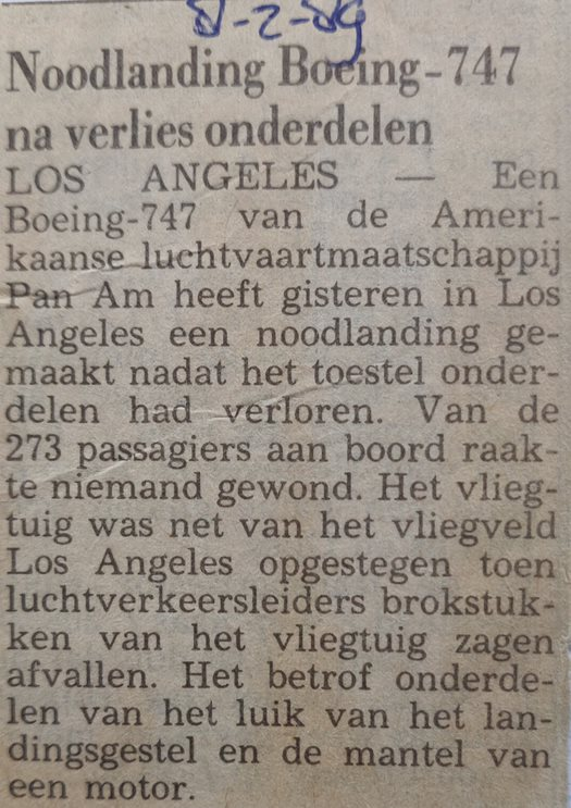 Boeing February  PanAm | newspaper article 8 February 1989 | 747 looses parts landing gear panels