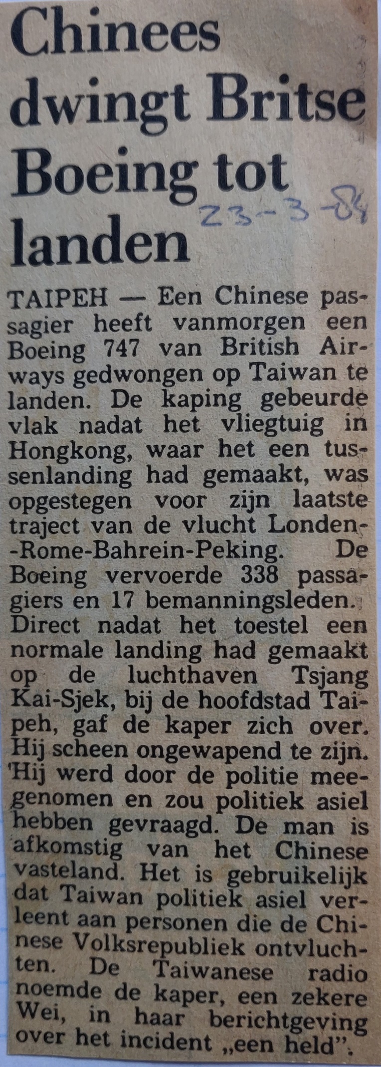 Boeing 747-100 | British Airways | newspaper article 23 March 1984 | 747 hijacked and diverted to Taipei, Taiwan