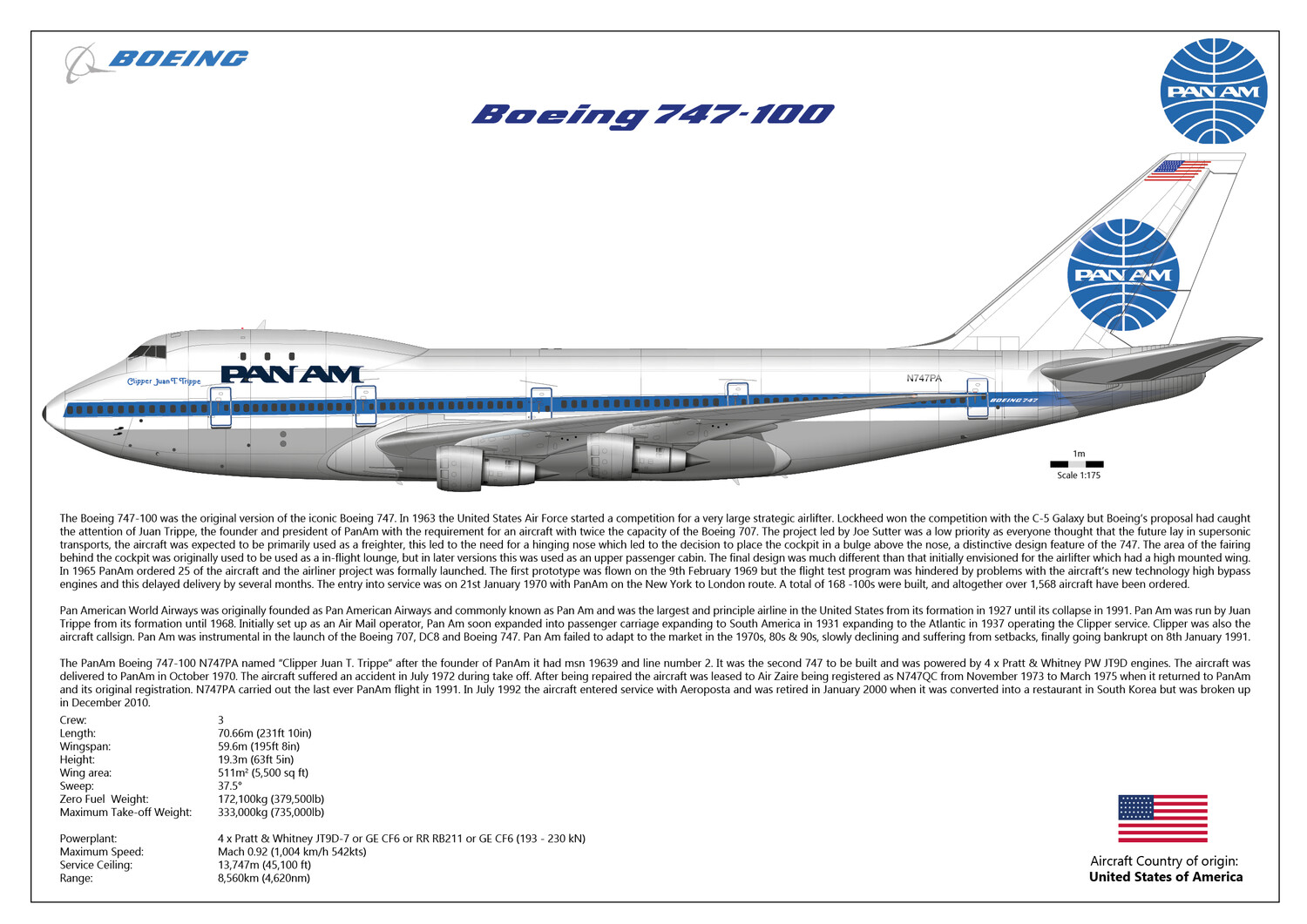 Boeing 747-100 of PanAm N747PA - First 747 delivered | side view scale drawing with aircraft history