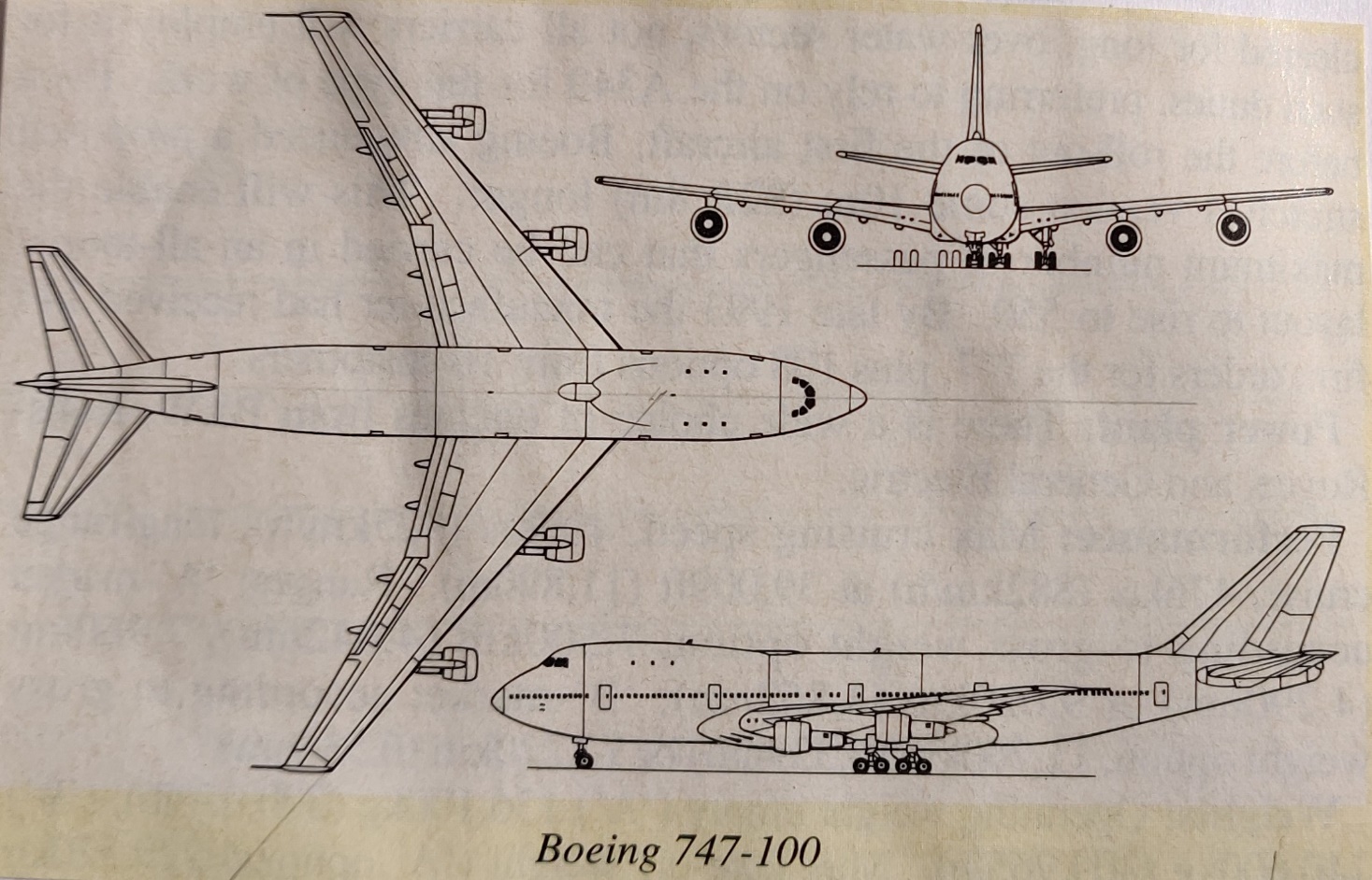 Boeing 747-100 3-side view scale drawing