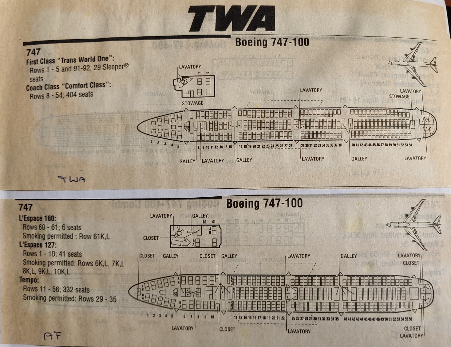 Boeing 747-100 | TWA and Air France | cabin seat arrangements