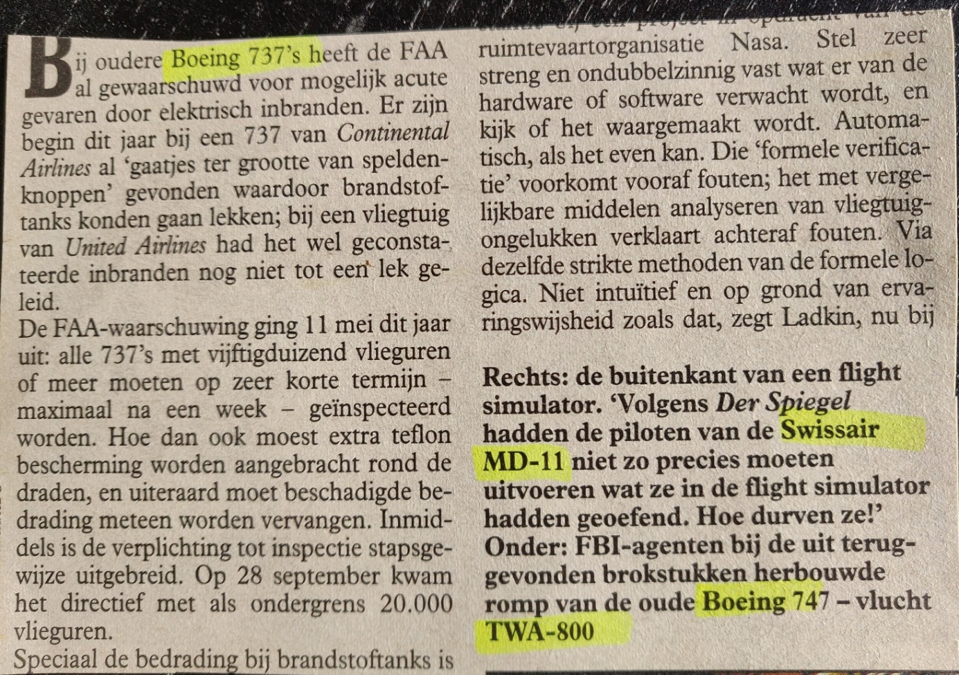 Boeing 747-100 | TWA | N93119 | Vrij Nederland article 10 October 1998