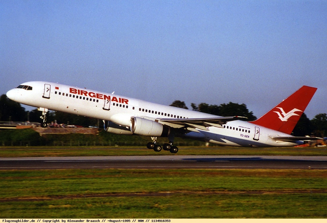 Picture Birgenair Boeing 757-225 TC-GEN taking off from Antalya, August 1995