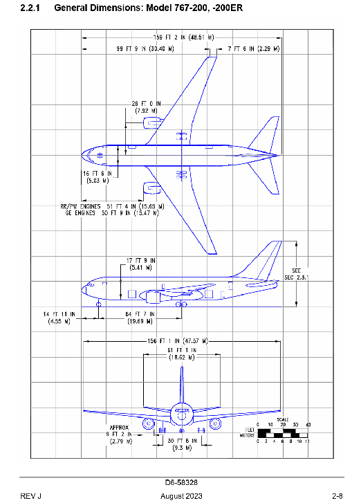 Boeing 767-200 3-side view scale drawing