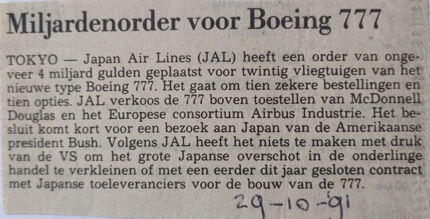  \newspaper article 29 October 1991 Japanes Air Lines orders 20 Boeing 777-200's