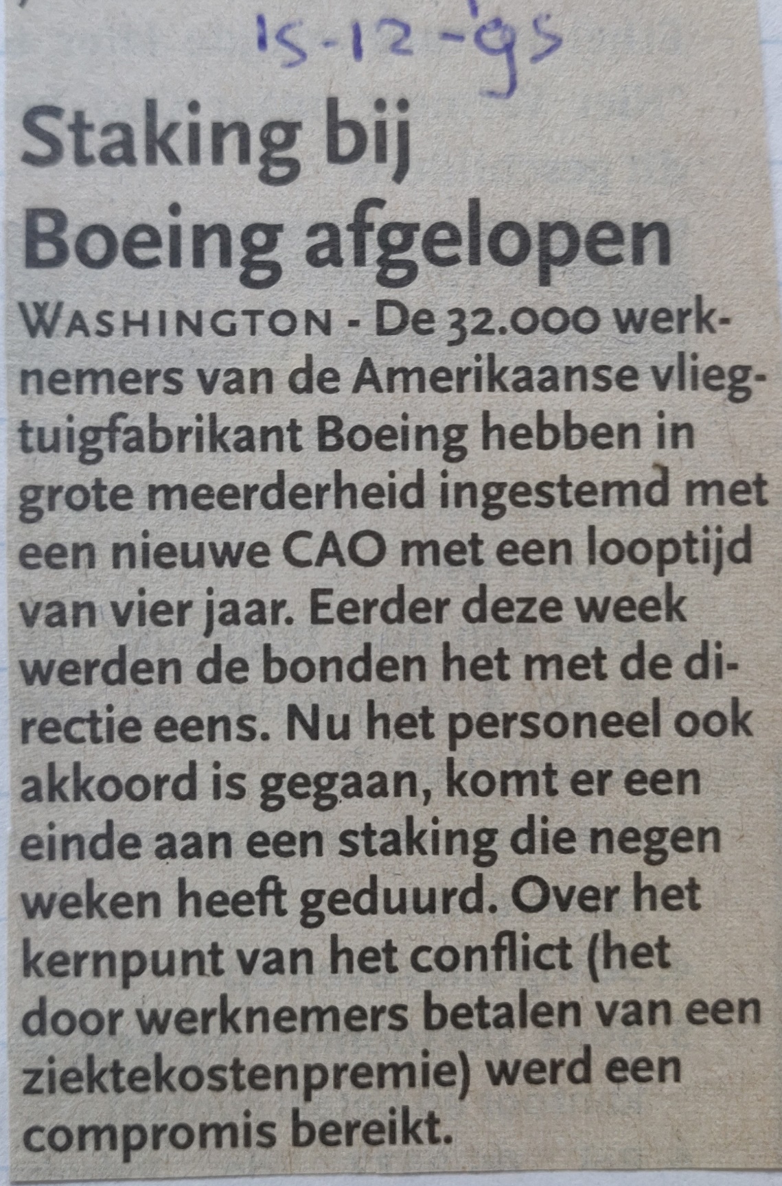 Newspaper article 15 Decdmber 1995 strike at Boeing has anded