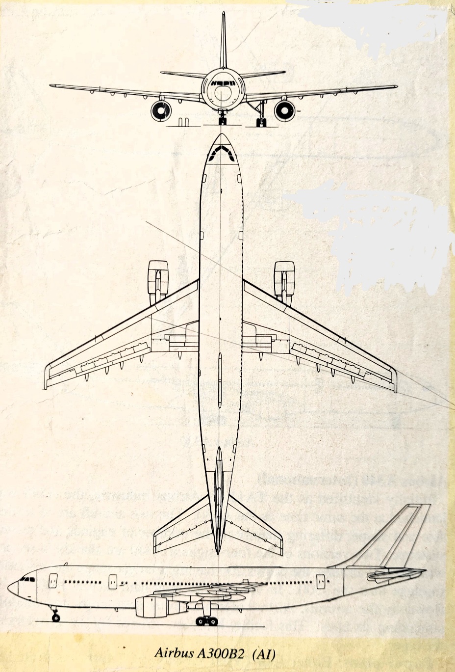 Airbus A300B2 3-side view scale drawing