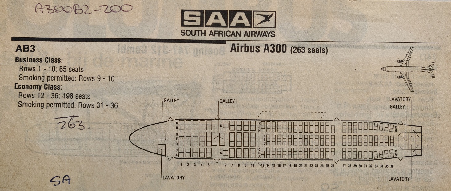 Airbus A300B2-200 | South African Airways | cabin seat layout