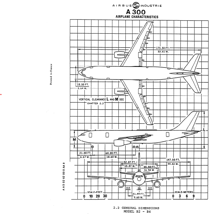 Airbus A300B4-100 3-side view scale drawing