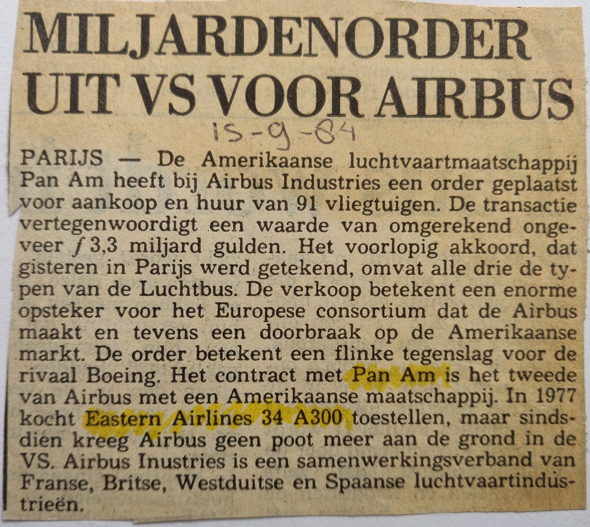 Airbus A300B4 Pan Am buys Airbus aircraft newspaper article 15 September 1984