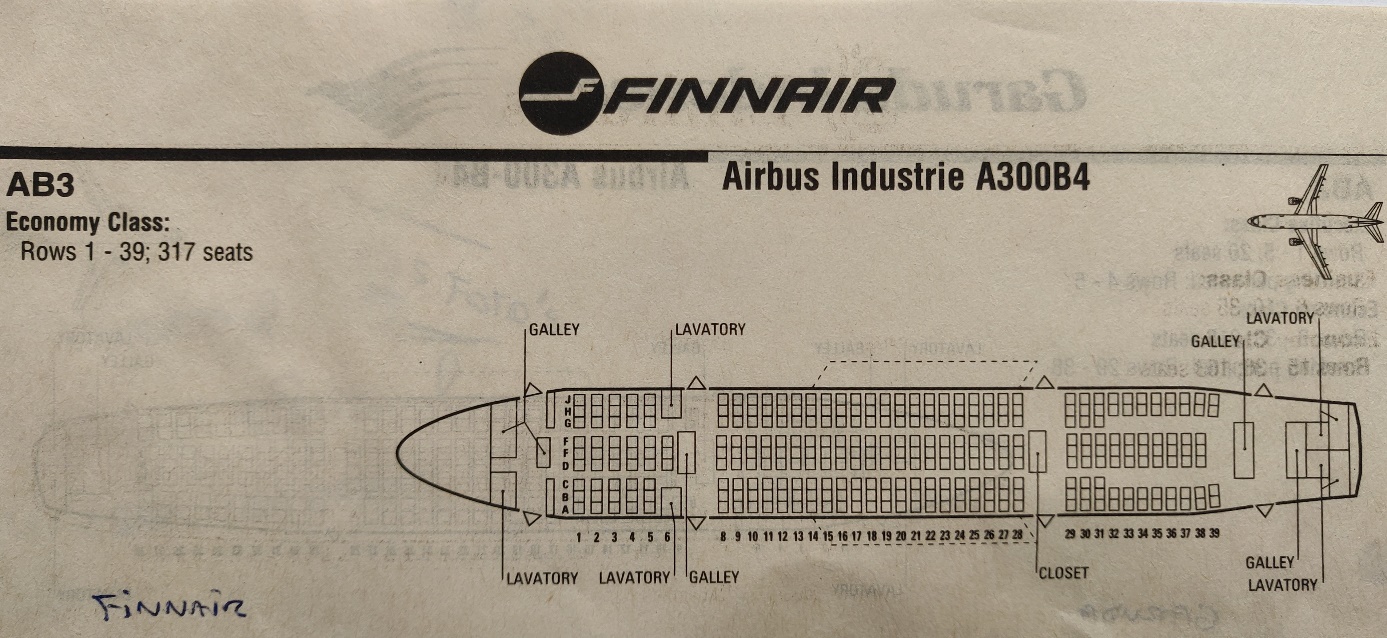 Airbus A300B4 Finnair cabin seat arrangement