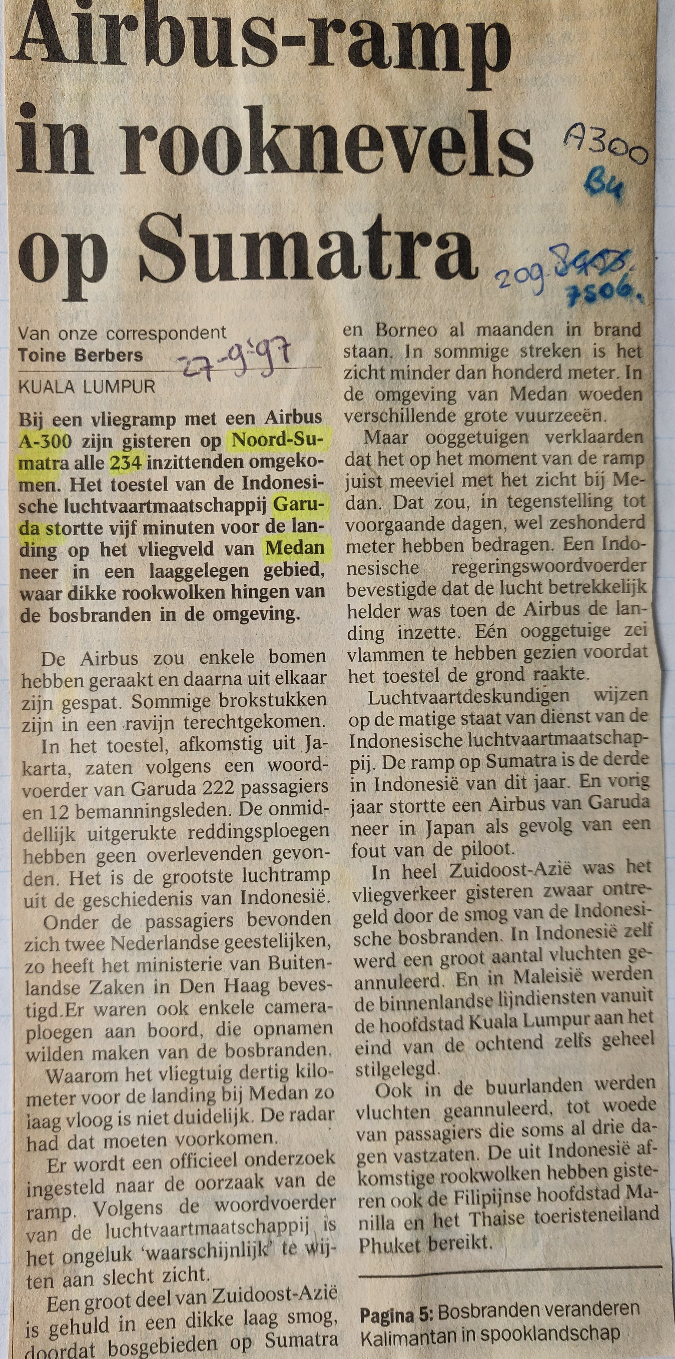 Airbus A300B4-200 crash Sumatra newspaper art.27sep1997