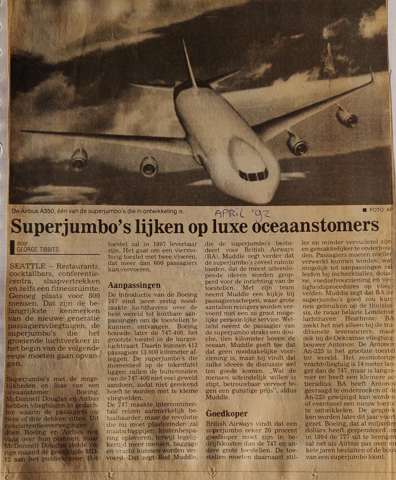 Airbus A380-800 | newspaper article april 1992 supejumbo look like luxereous cruise ships