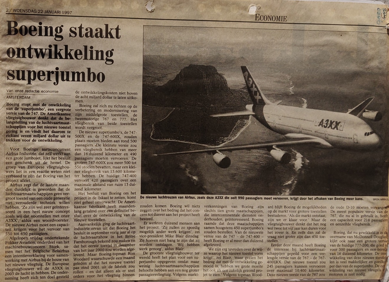 Airbus A380-800 | newspaper article 22 January 1997 Boeing stops with superjumbo project