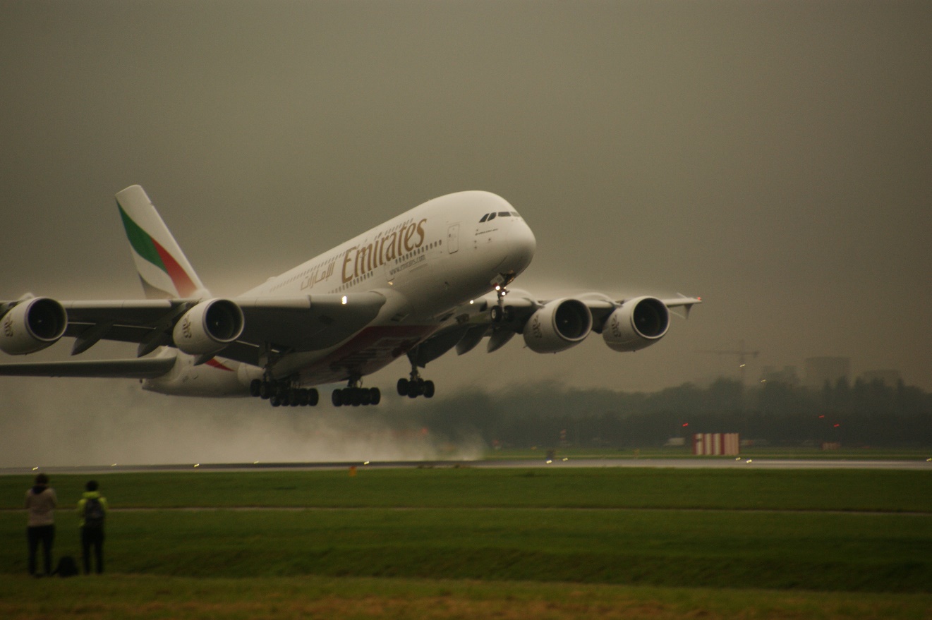 Airbus A380-800 | Emirates | A6-EOU | A380 taking of from Schiphol airport on a wet afternoon, October 2023 (c) bvdz