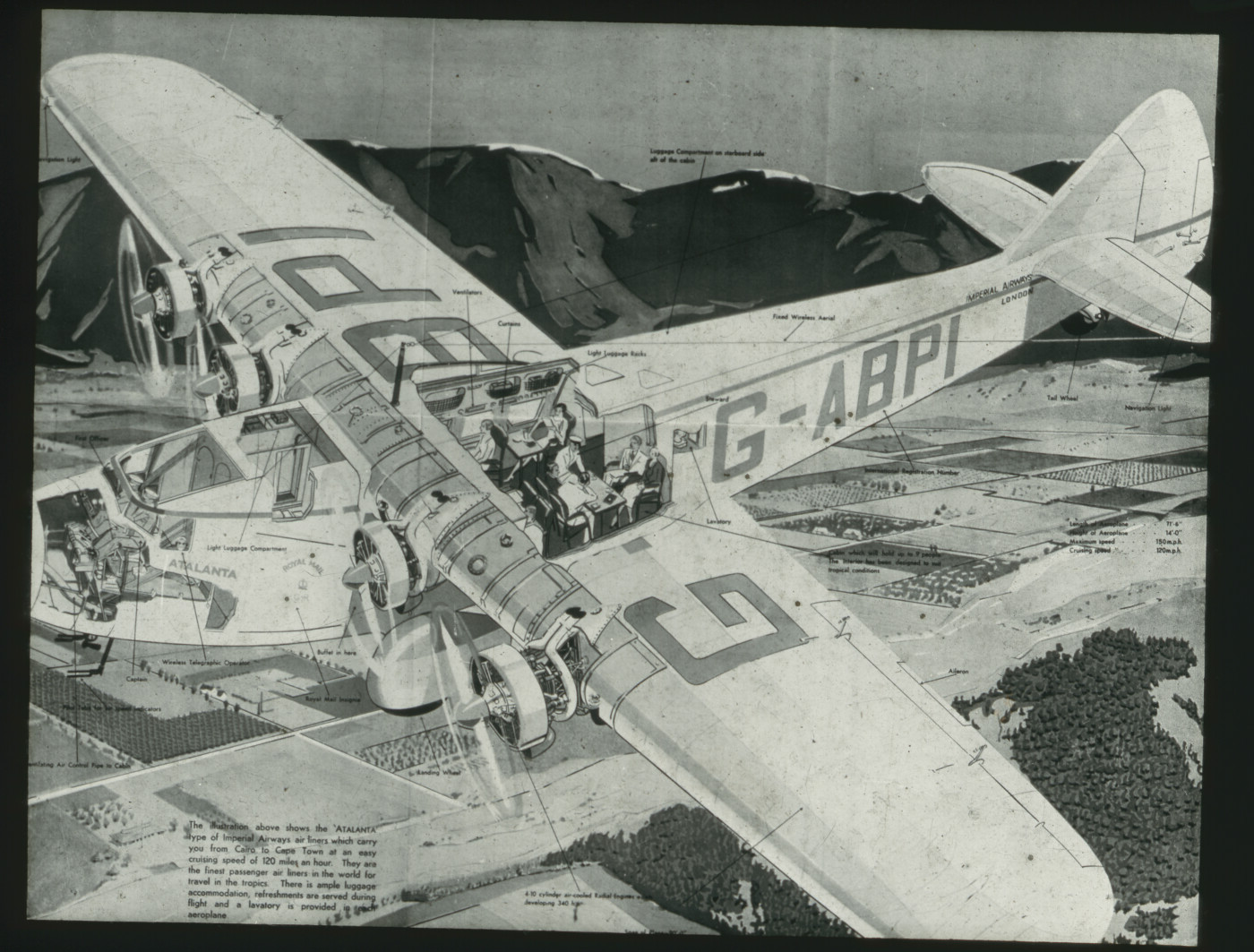 Cutaway drawing of Armstrong Whitworth AW.15 Atalanta aircraft interior  cockpit and seating plan. G-ABPI. Layout of passenger accommodation. LOPA.  - Atom site for DRISA