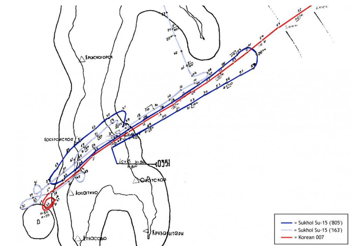 Boeing 747-200 | KAL | HL7442 | KAL flight KE007 final flight path with Sukhoi Su-15 trajectory