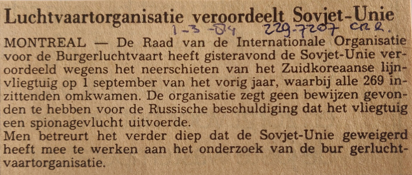 Boeing 747-200 | KAL | HL7442 | newspaper article 1 March 1994 ICAO condemns USSR