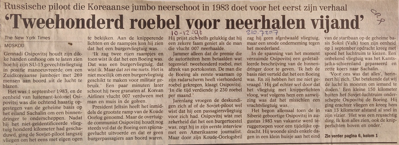 Boeing 747-200 | KAL | HL7442 | newspaper article 10 December 1996 two hundred Roebel for shooting down enemy