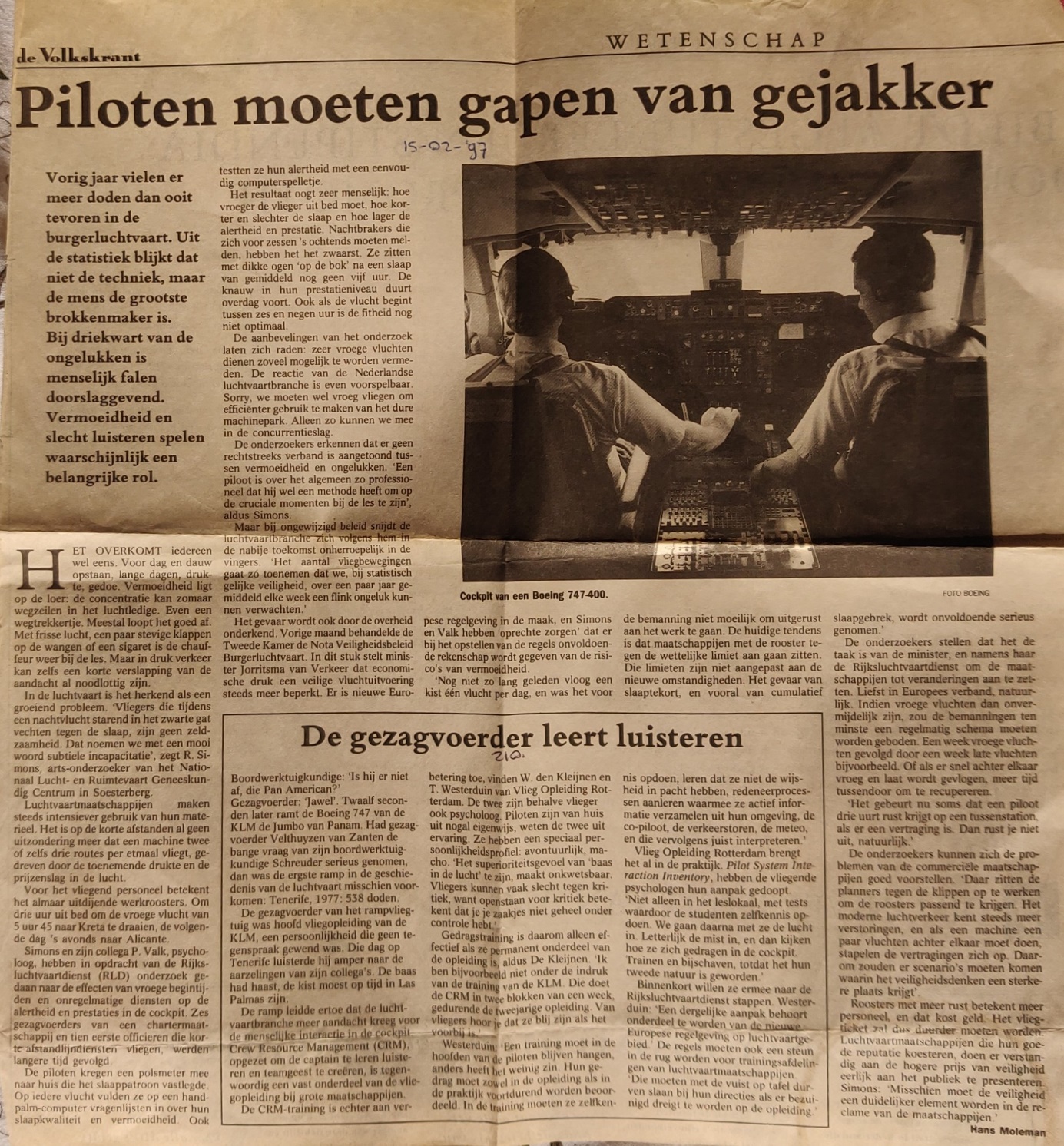 Boeing 747-200 | KLM | PH-BUF | newspaper article 15 February 1997 pilot fatigue