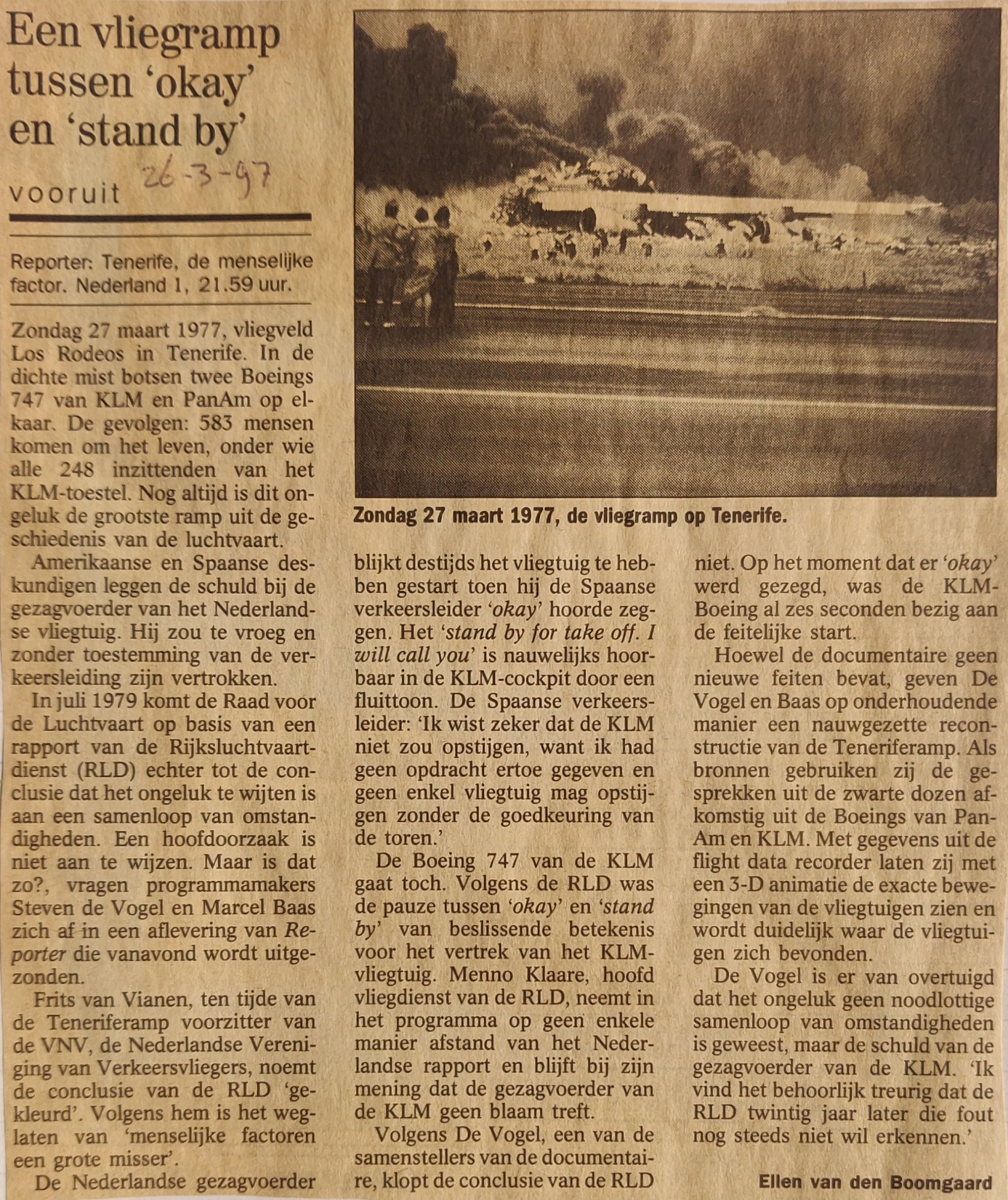 Boeing 747-200 | KLM | PH-BUF | newspaper article 26 March 1997 cause of crash