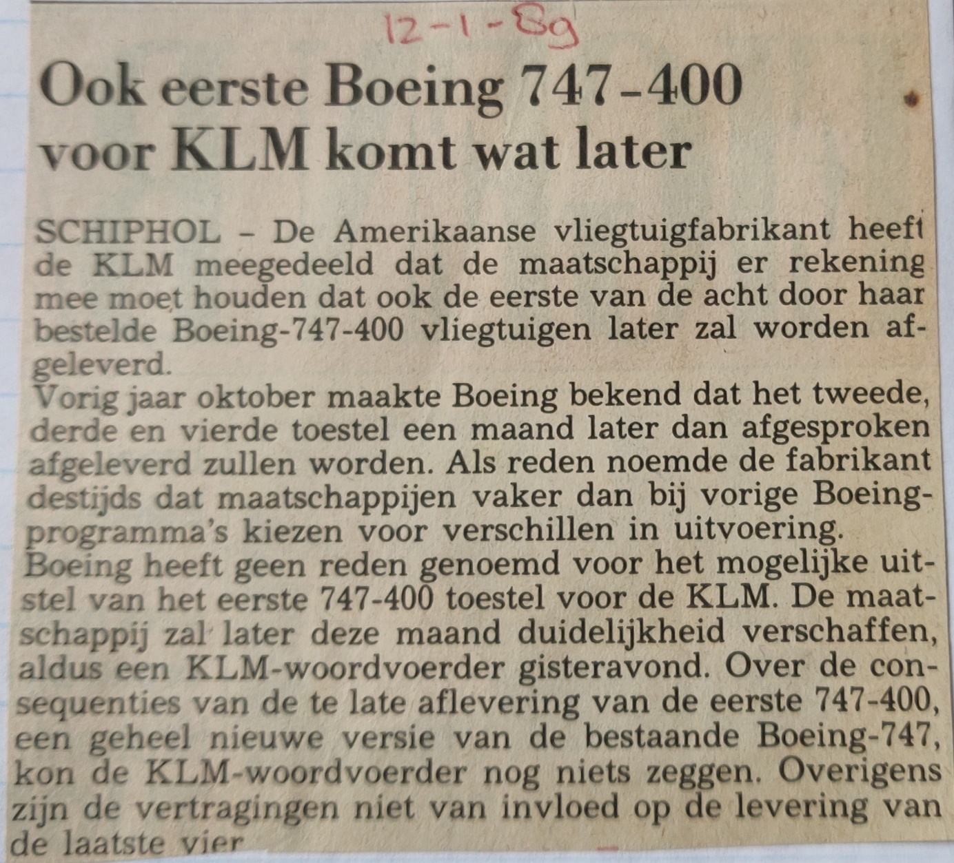 Boeing 747-400 | KLM | newspaper article 12 January 1989 firts deliveries to KLM delayed