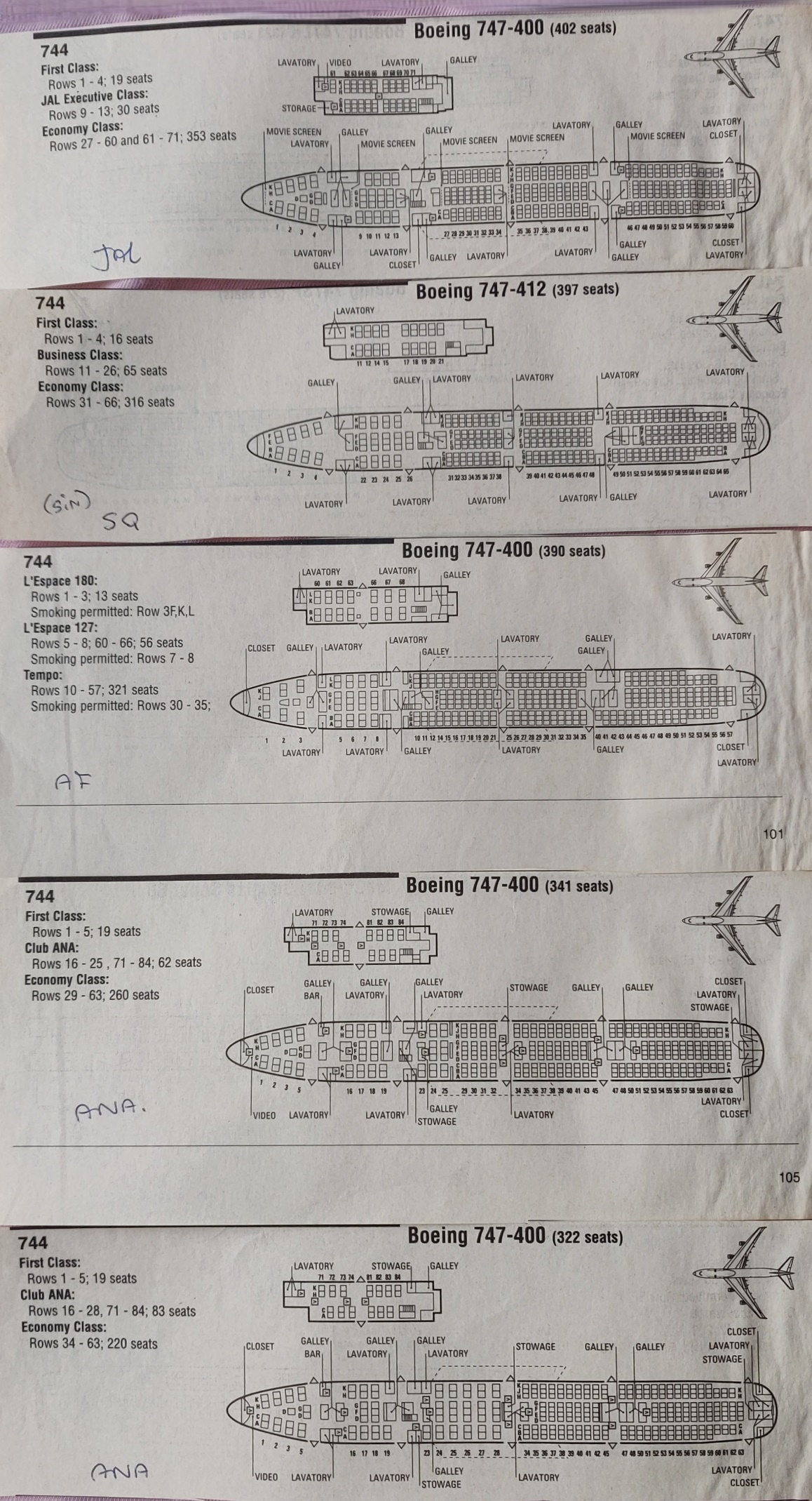 Boeing 747-400 cabin seat arrangements