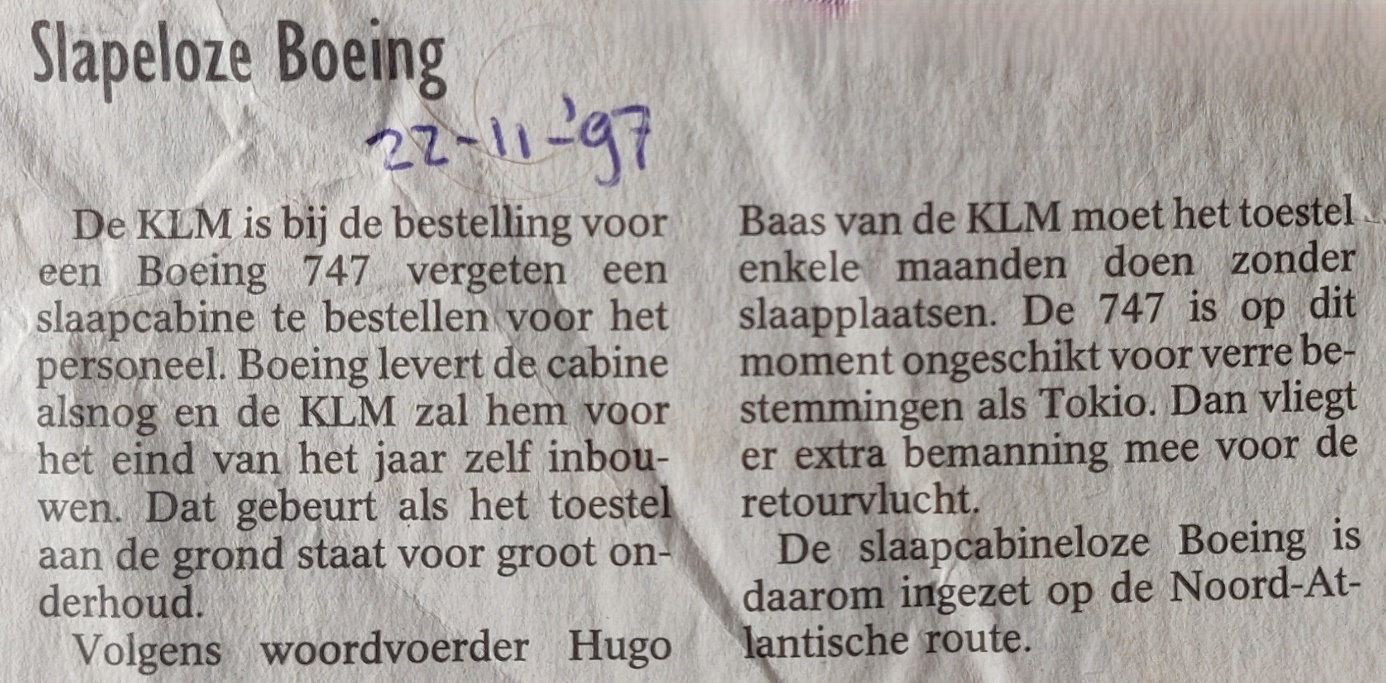 Boeing 747-400 | KLM | newspaper article 22 November 1997 KLM ordered 747-400 without crew rest compartment