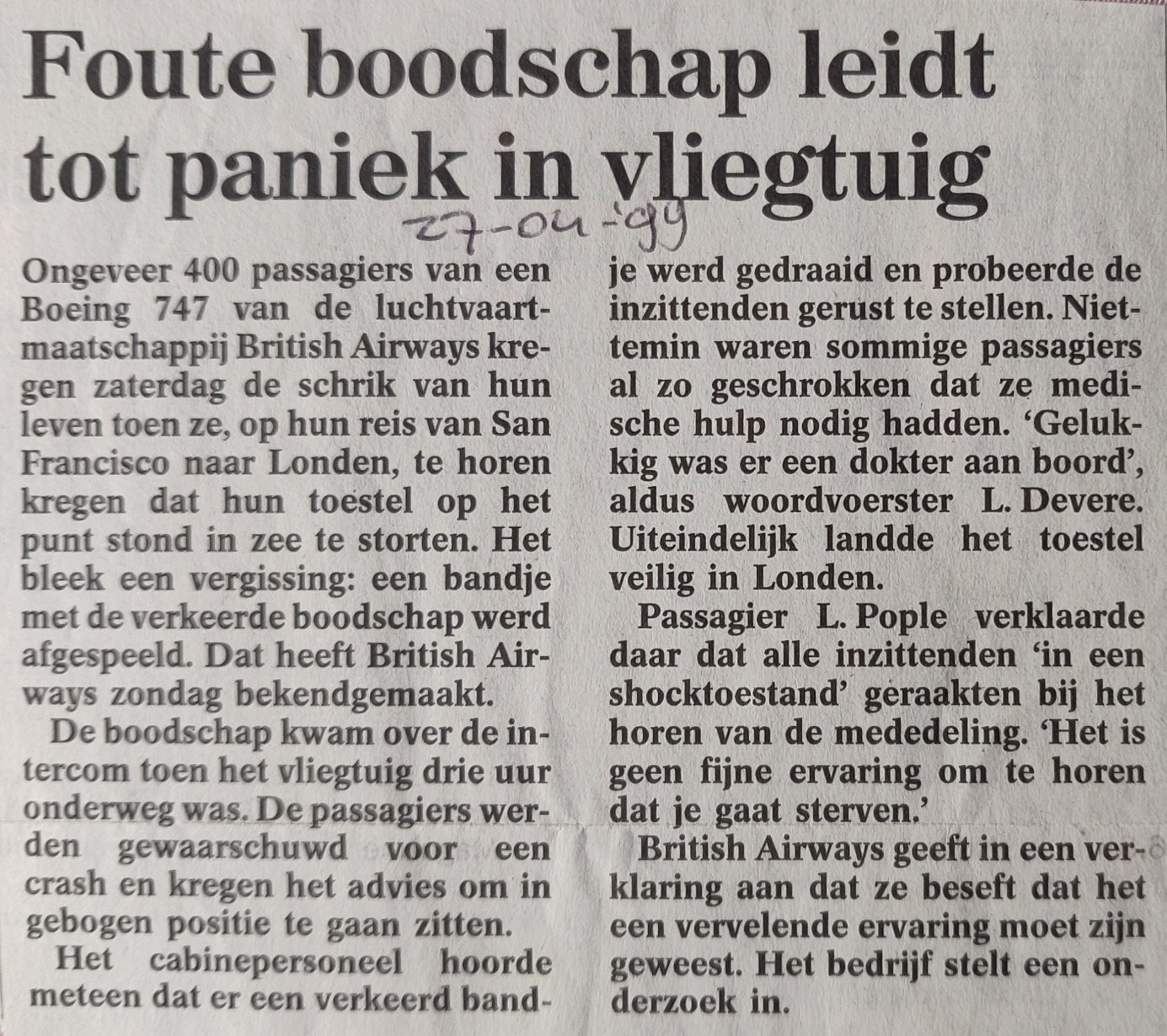 Boeing 747-400 | British airways | newspaper article 27 April 1999 wrong message for emergency landing at sea