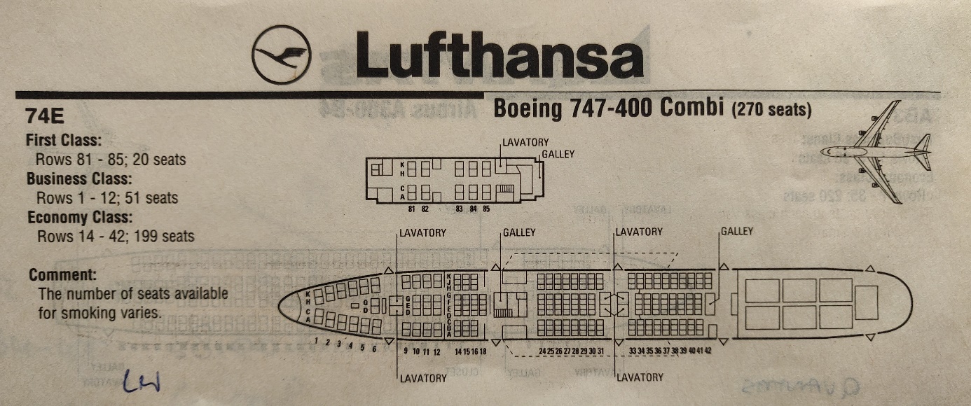 Boeing 747-400 Combi | Lufthansa | cabin seat arrangement