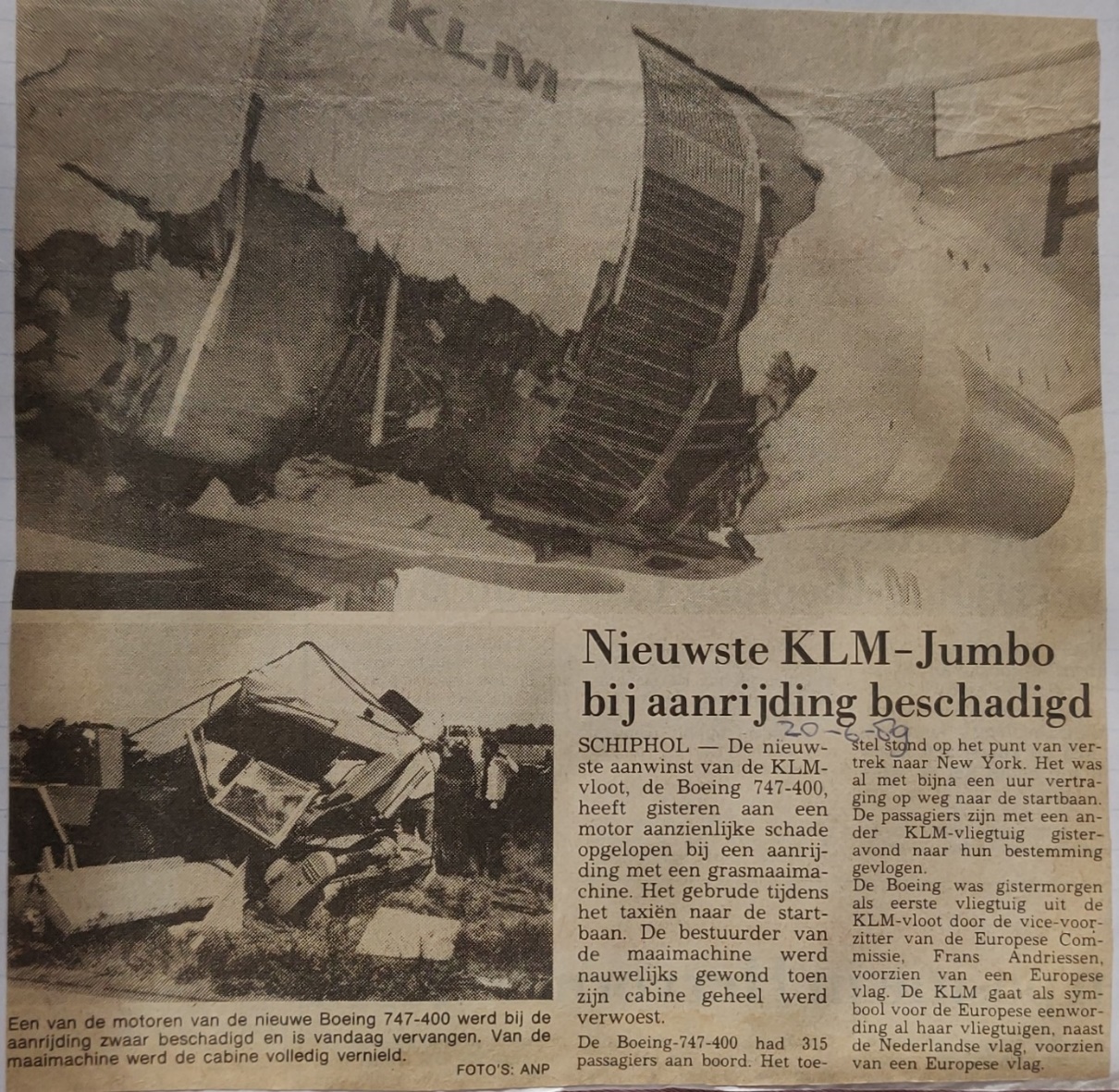 Boeing 747-400 | KLM | PH-BFA | newspaper article 20 June 1989 with picture of damaged engine by lawnmower