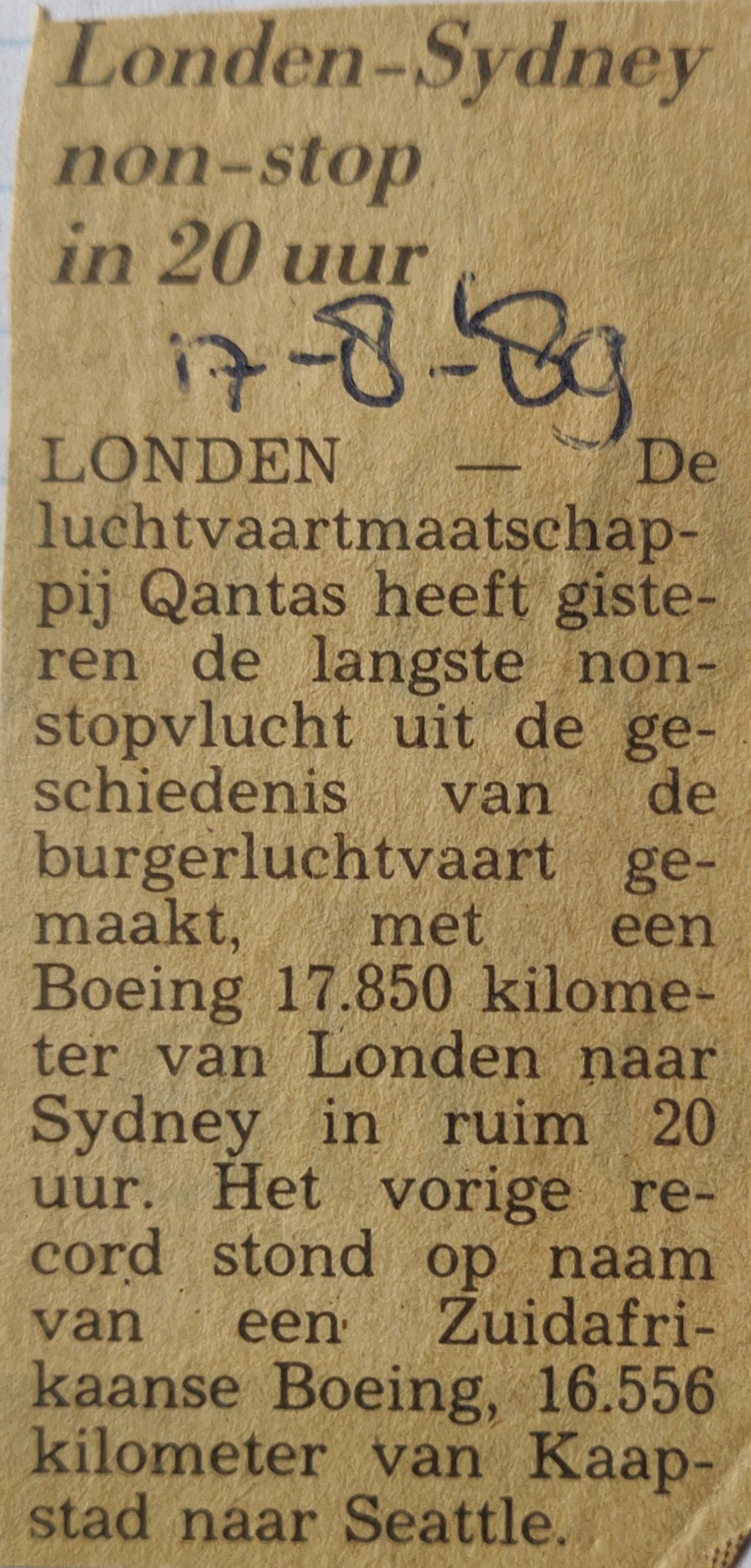 Boeing 747-400 | Quantas | newspaper article 17 August 1989 record braking long distance delivery flight