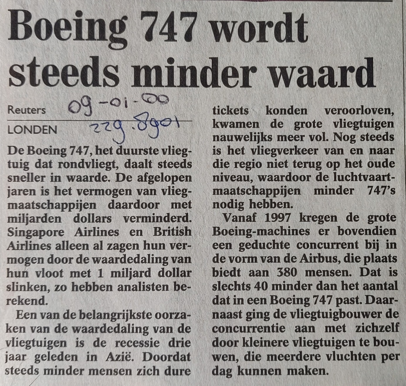 Boeing 747-400 newspaper article 09 January 2000 value 747 drops