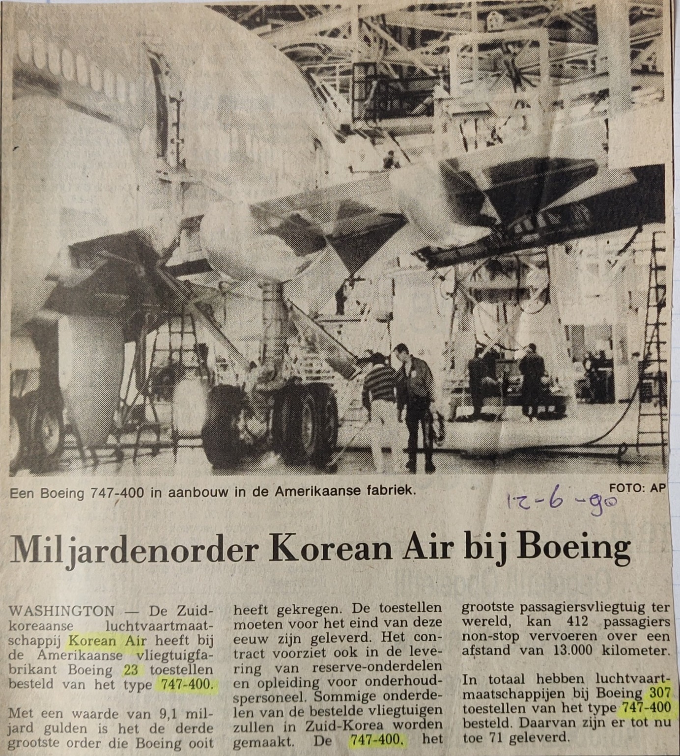 Boeing 747-400 | Korean Air | newspaper article 12 June 1990 Korean Airlines orders 747-400, with picture of production plant at Everett