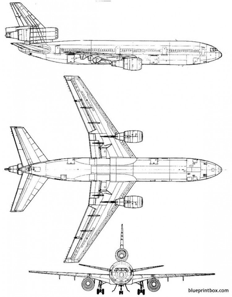 McDonnell Douglas DC-10-10 3-side view scale drawing