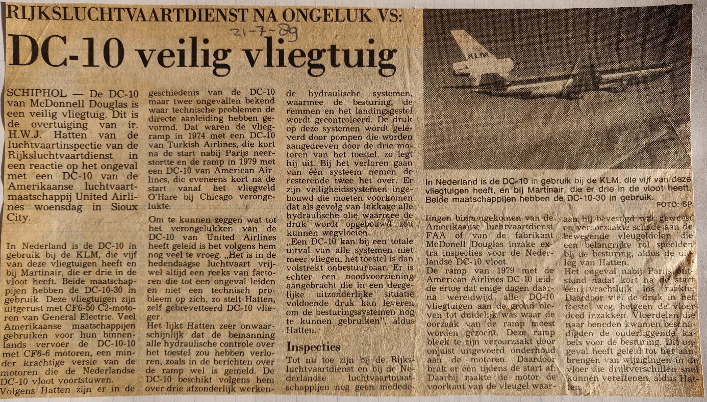 Newspaper article 21 July 1989 McDonnel Douglas DC-10-10 | United Airlines | N1819U | DC-10 is a safe airplane