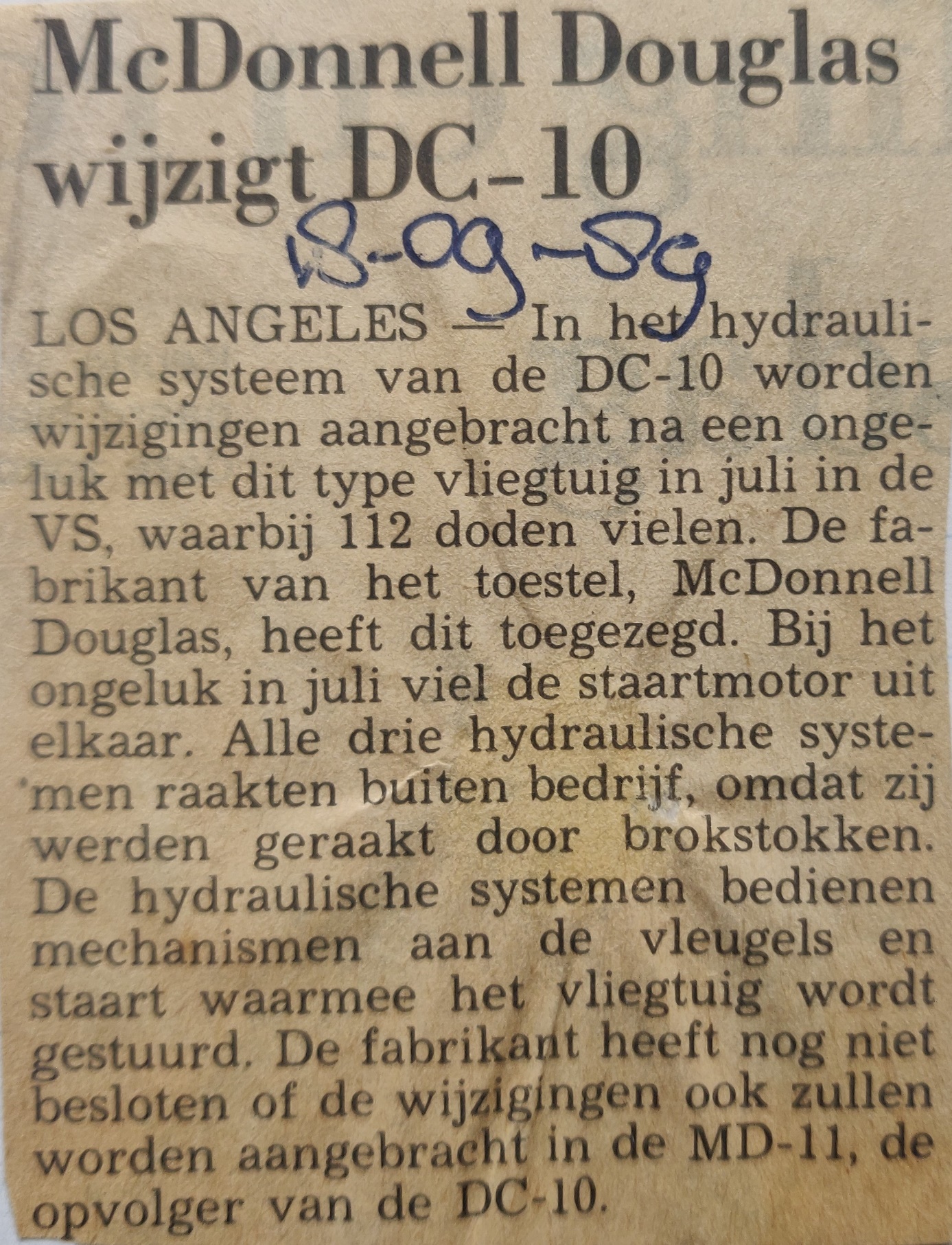 Newspaper article 21 July 1989 McDonnel Douglas DC-10-10 | United Airlines | N1819U | DC-10 change to hydraulic system
