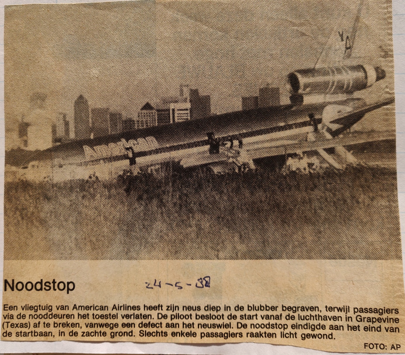 newspaper article 24 May 1988 McDonnel Douglas DC-10-30  American Airlines N316AA overran runway at Dallas (Grapevine) after aborted take-off