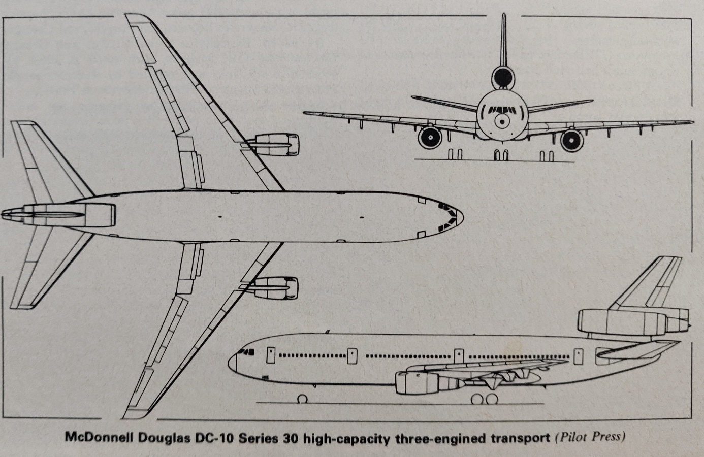 McDonnel Douglas DC-10-30 3-side view scale drawing